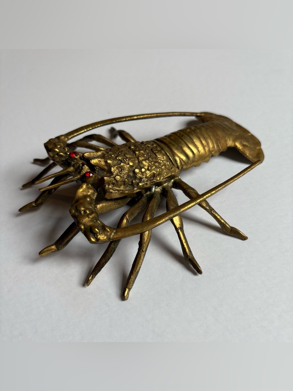 Vintage Gold Brass Lobster Figurine with Red Jewel Eyes